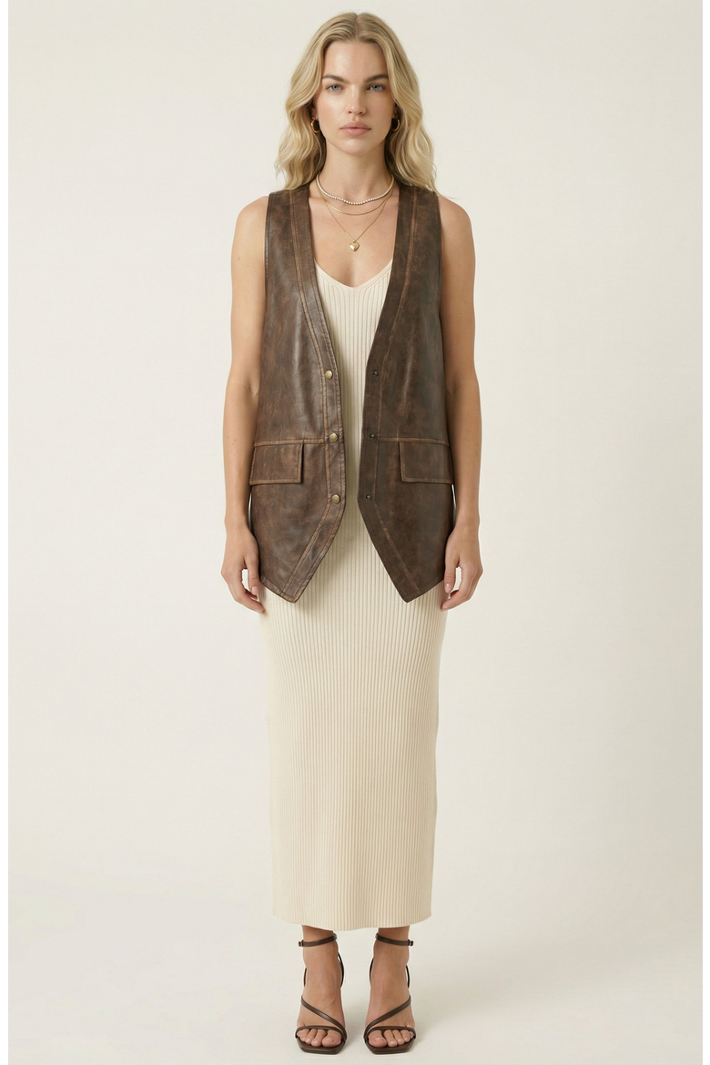 Faux Leather Vest with Snap Buttons, Alternate, color, Brown