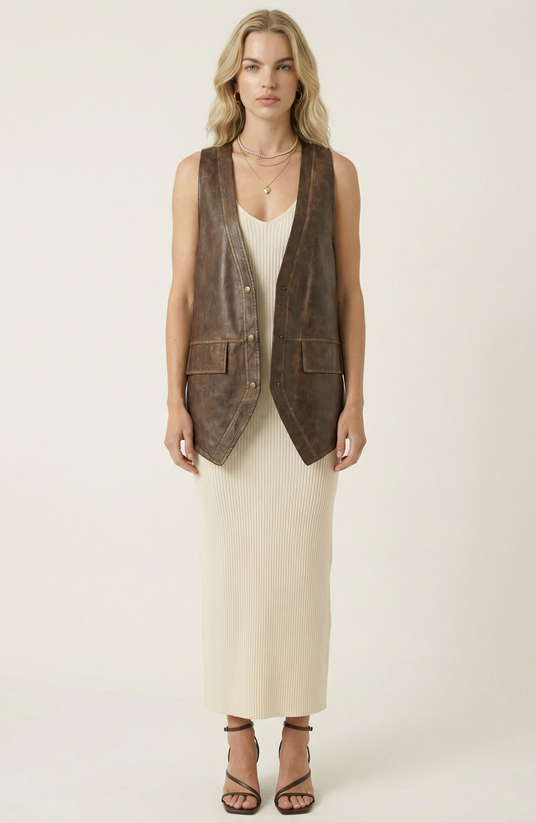 Modenaire Faux Leather Vest with Snap Buttons, Alternate, color, Brown