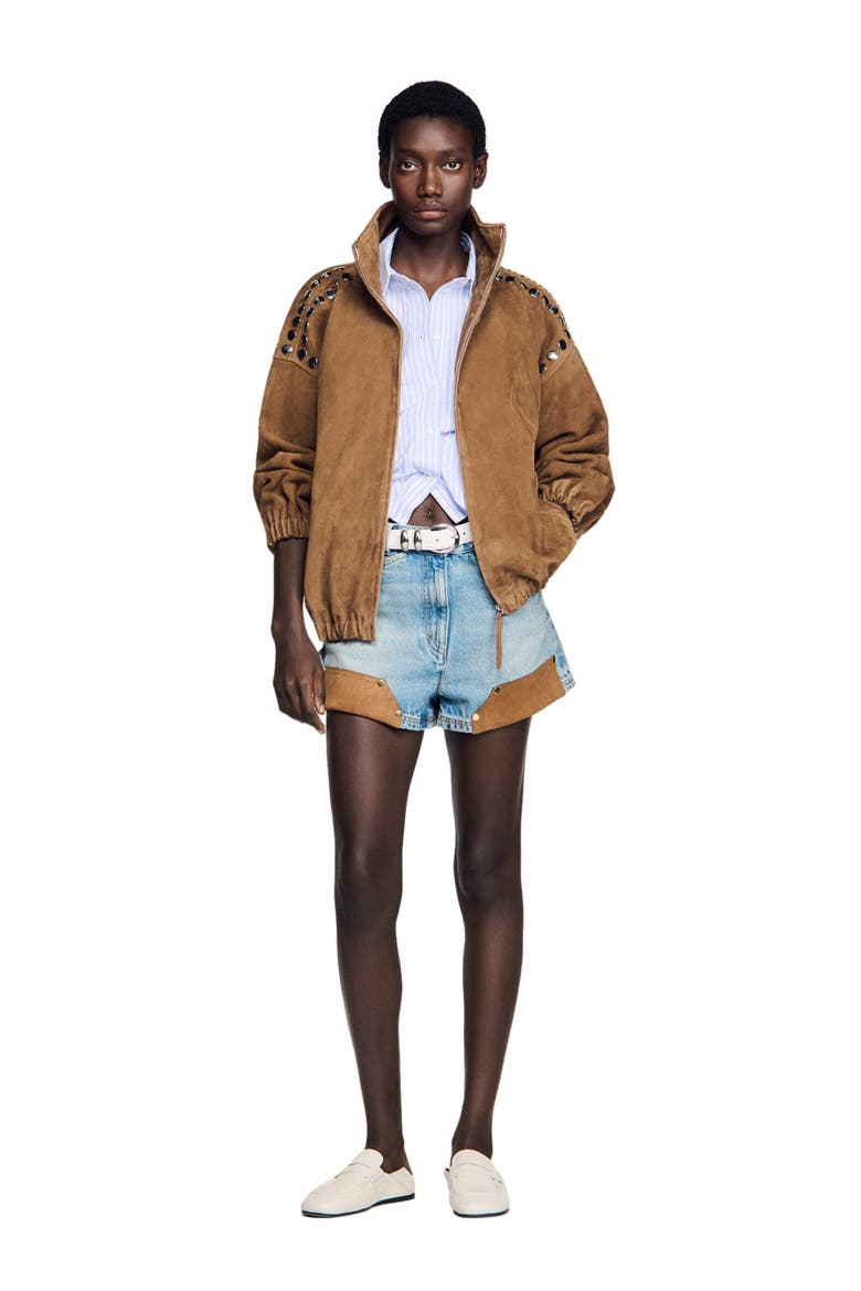 Studded suede jacket, Alternate, color, Camel