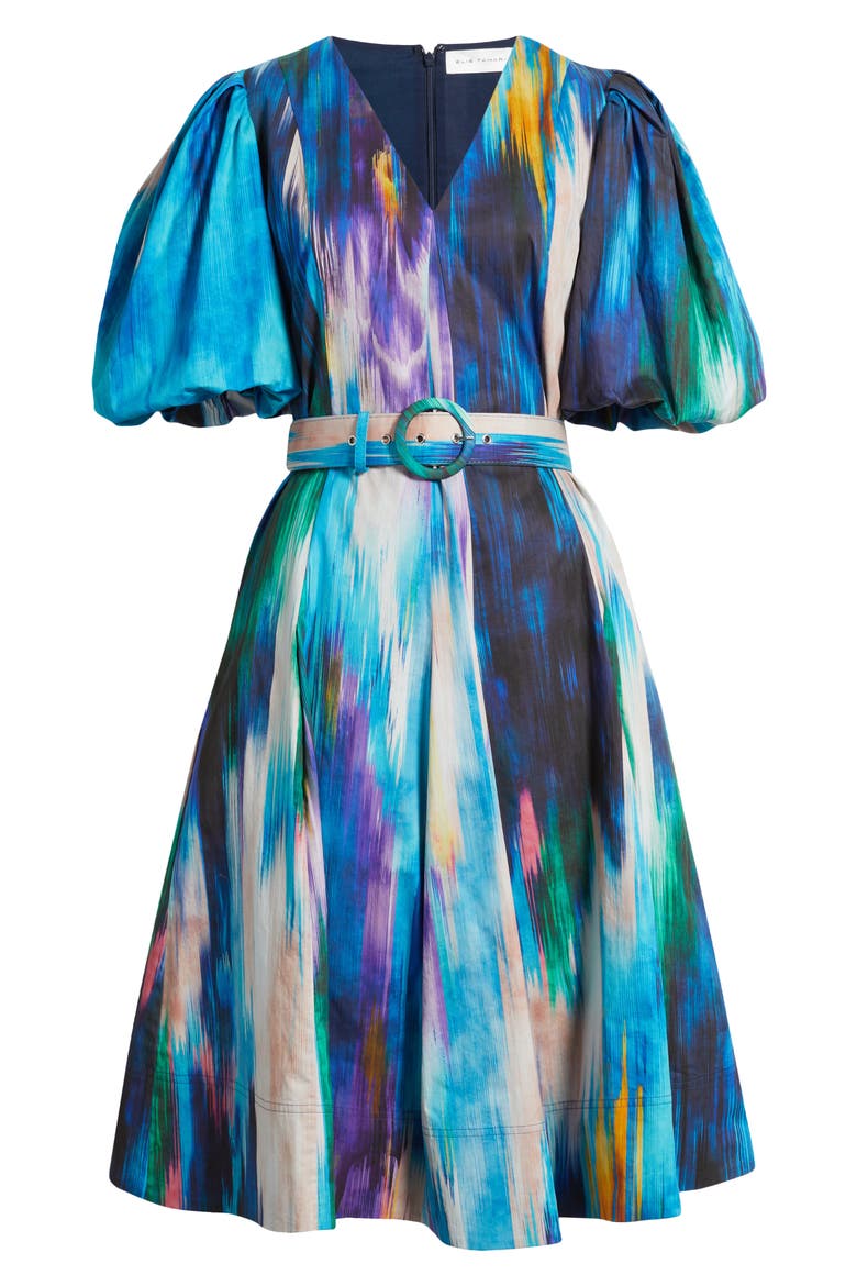 Miriam Ikat Print Belted Cotton Dress, Alternate, color, WATER CANVAS PRINT