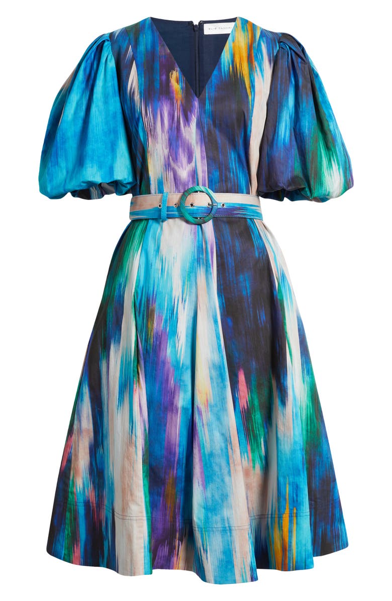 Elie Tahari Miriam Ikat Print Belted Cotton Dress, Alternate, color, Water Canvas Print