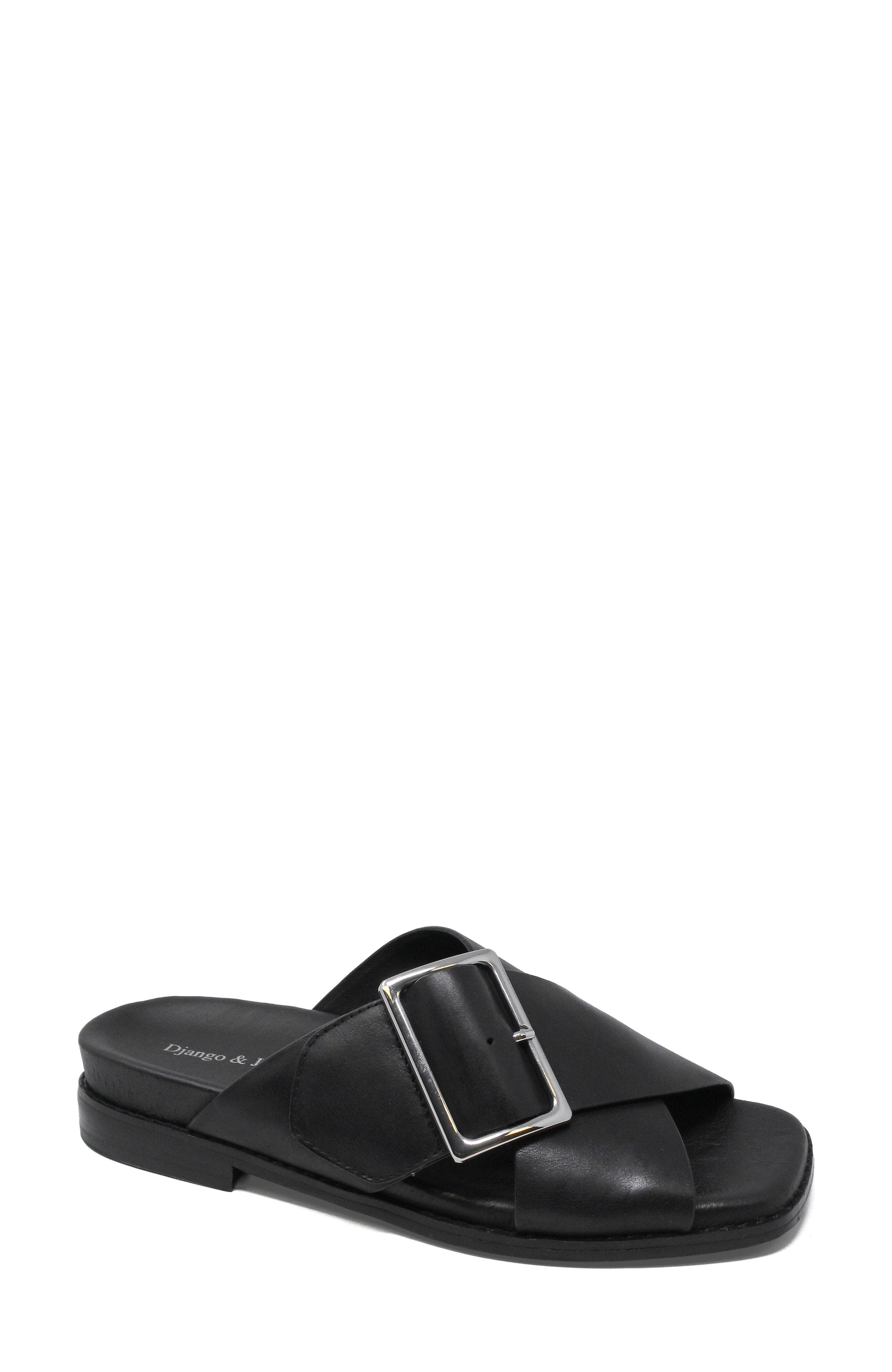 DJANGO AND JULIETTE Efri Wide Strap Flat Sandal, Main, color, Black Leather