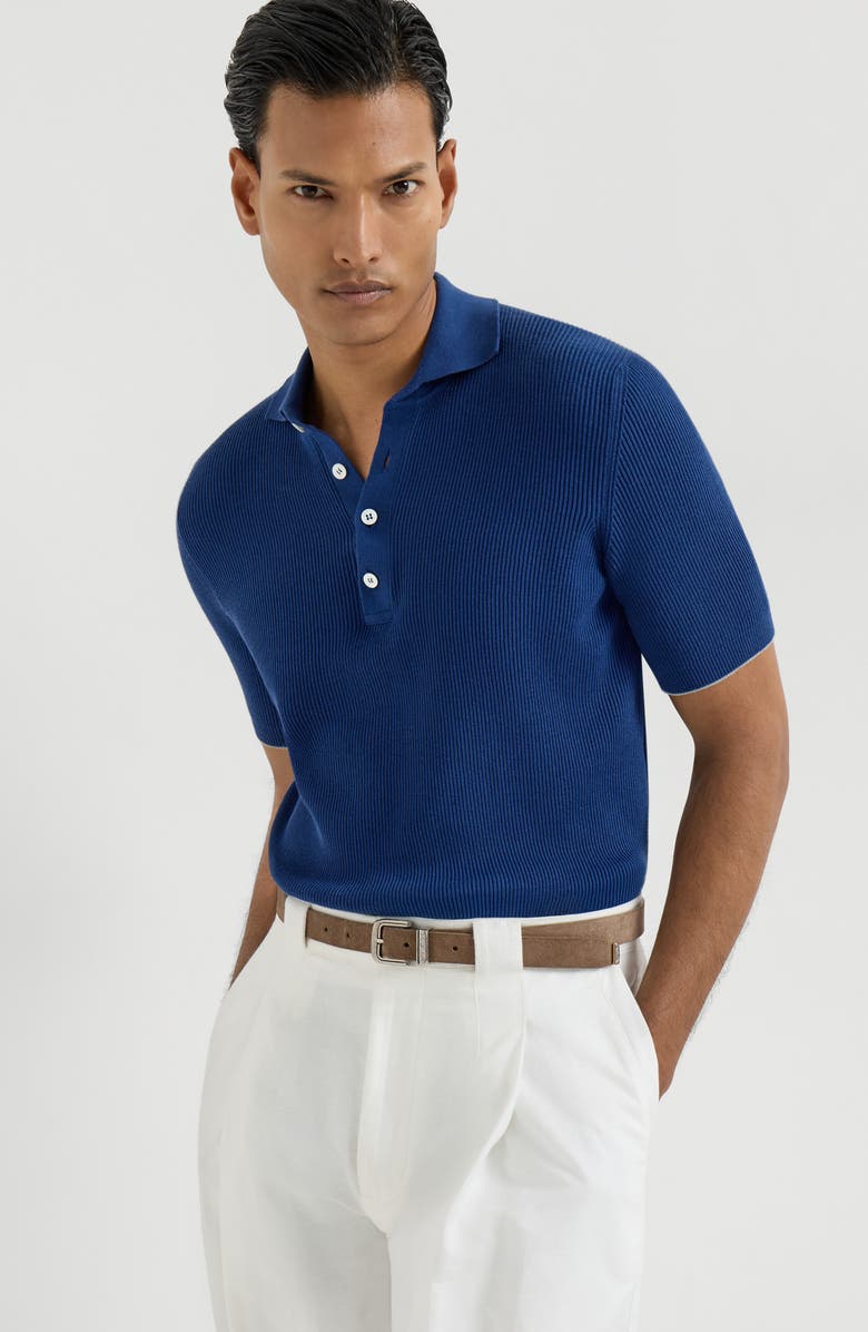 Brunello Cucinelli Half English rib knit polo, Alternate, color, Avio Blue