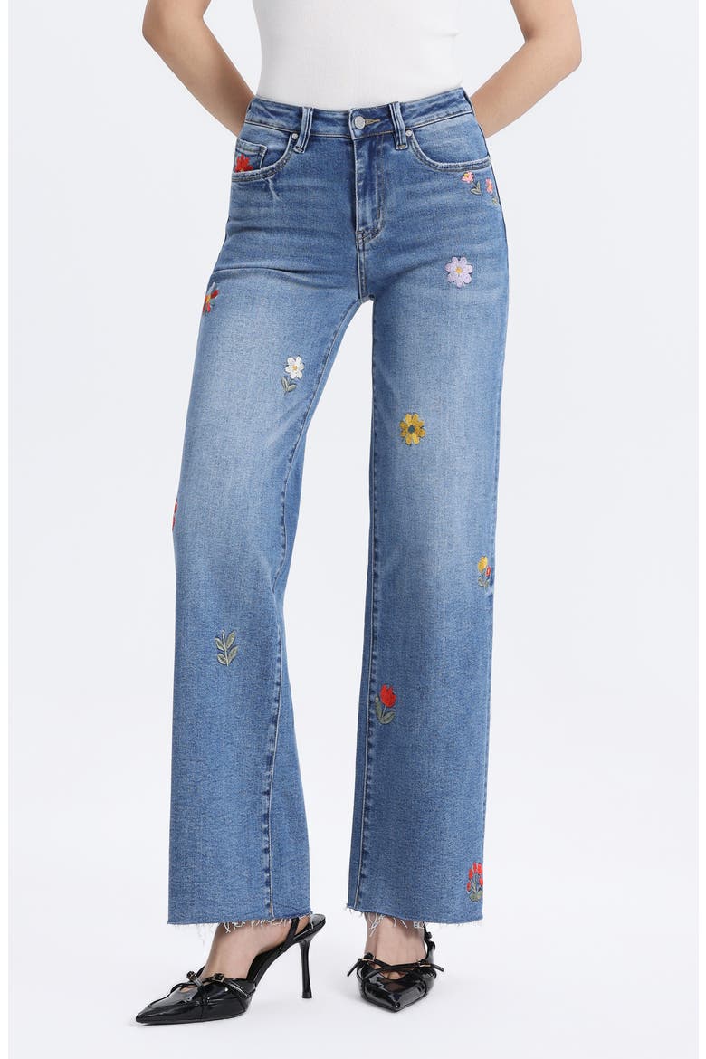 Embroidered Raw Hem Mid Rise Wide Leg Jeans, Main, color, MEDIUM BLUE