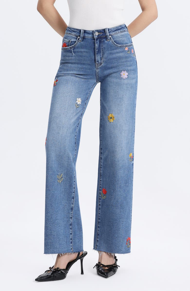 Bayeas Embroidered Raw Hem Mid Rise Wide Leg Jeans, Main, color,