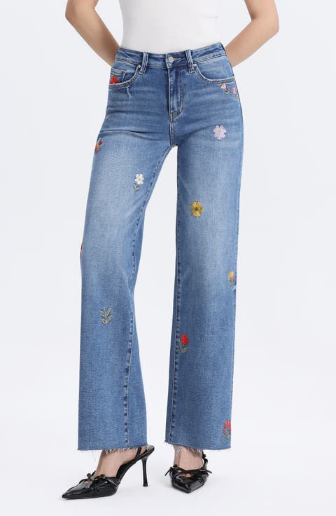 Embroidered Raw Hem Mid Rise Wide Leg Jeans