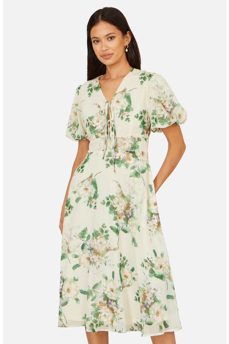 Floral Front Tie Detail Tea Dress, Main, color, Ivory