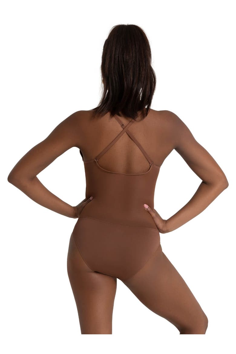 Plunge Neck Mesh Midriff Leotard, Alternate, color, dark beige