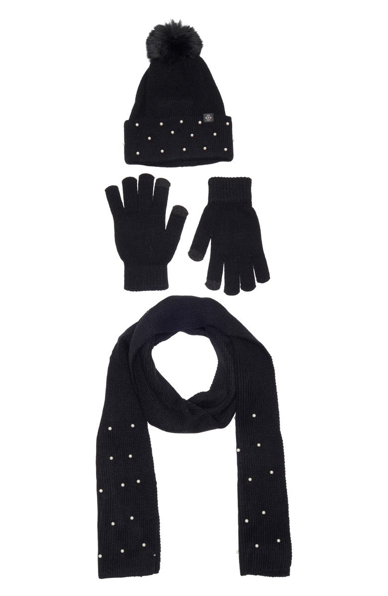 Nanette Lepore 3-Piece Faux Pearl Scarf, Beanie & Gloves Set, Main, color, Black