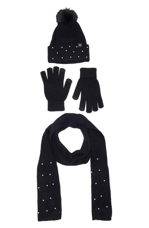 3-Piece Faux Pearl Scarf, Beanie & Gloves Set