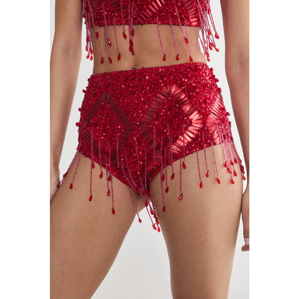 Nasty Gal Embellished Tassel Beaded Booty Shorts In Red