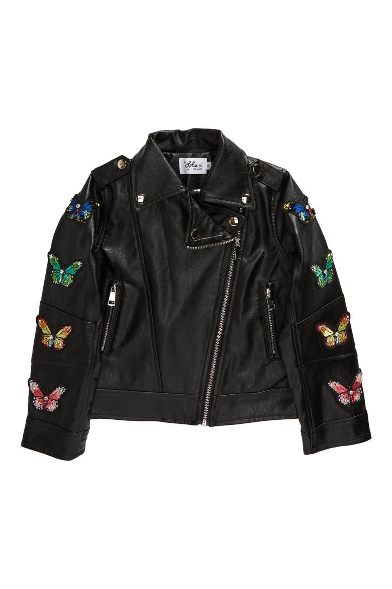 Kids' Butterfly Faux Leather Moto Jacket, Main, color, BLACK