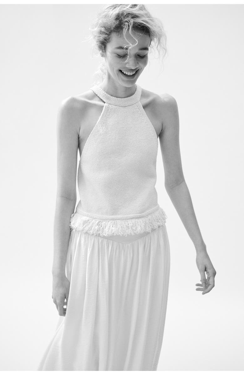 H&M Fringe-trimmed Knitted Top, Alternate, color, Cream