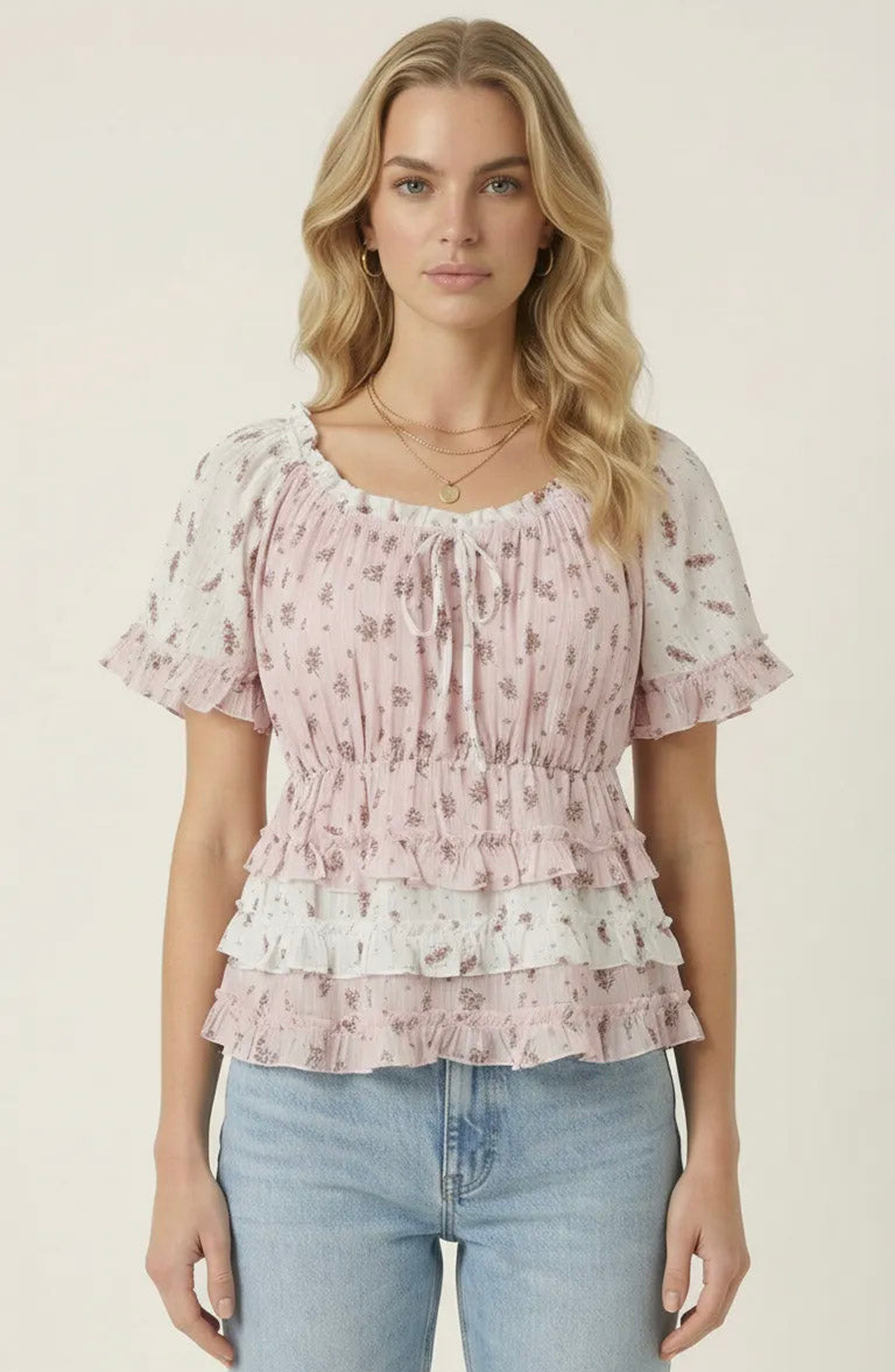 Floral Tie Neckline Peplum Top