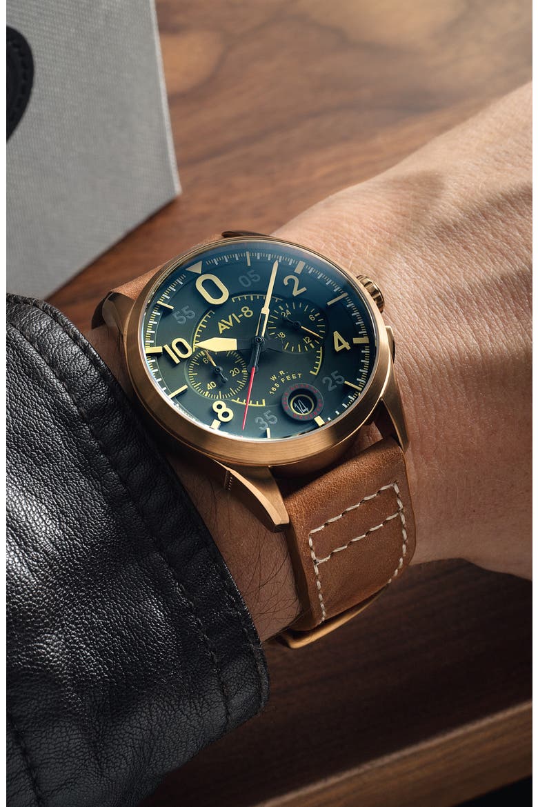 Spitfire Lock Green Dial Chronograph Leather Strap Watch, 42mm, Alternate, color, GREEN