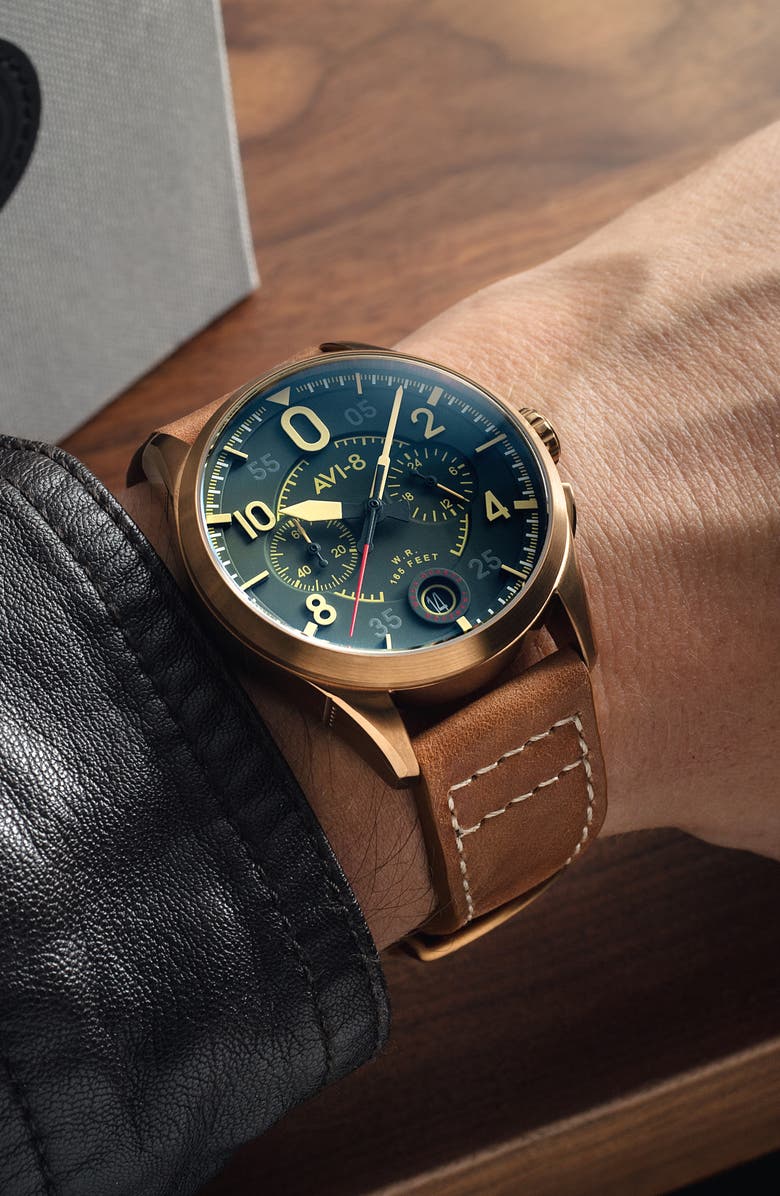 AVI-8 Spitfire Lock Green Dial Chronograph Leather Strap Watch, 42mm, Alternate, color, Green