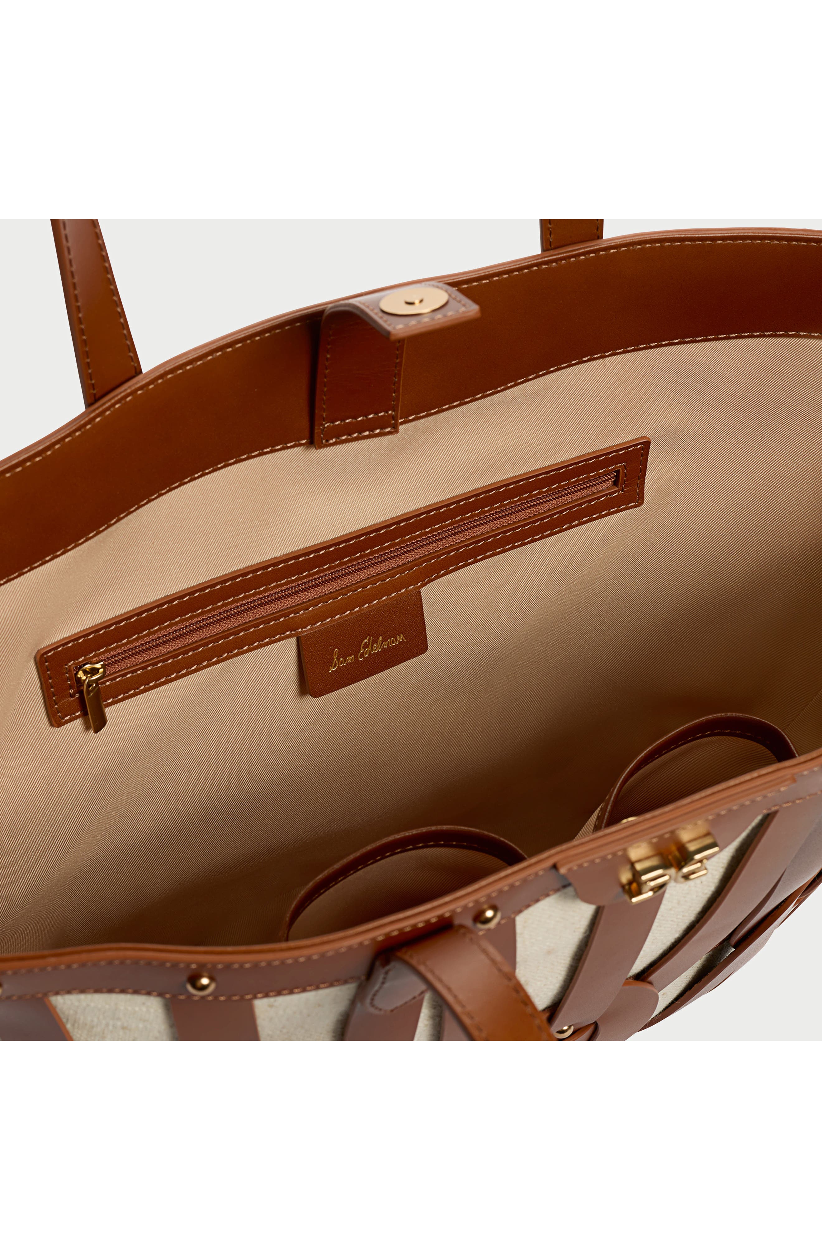 Sam Edelman Large Bay Dye Cut Leather & Canvas Tote, Alternate, color, Cognac