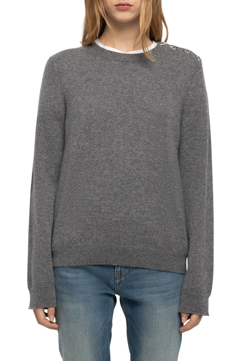 Cara Star Detail Cashmere Sweater, Main, color, MEDIUM GREY