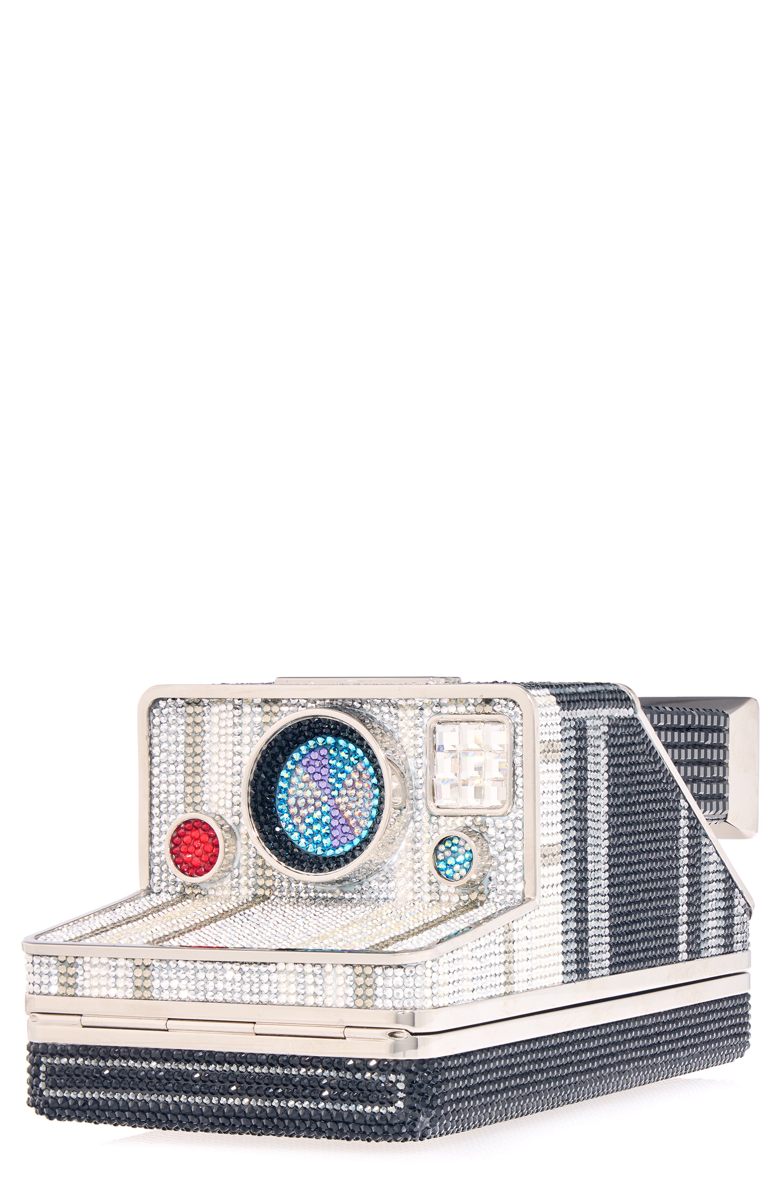 JUDITH LEIBER COUTURE Elsa Instant Camera Crystal Clutch, Main, color, Silver Jet Multi