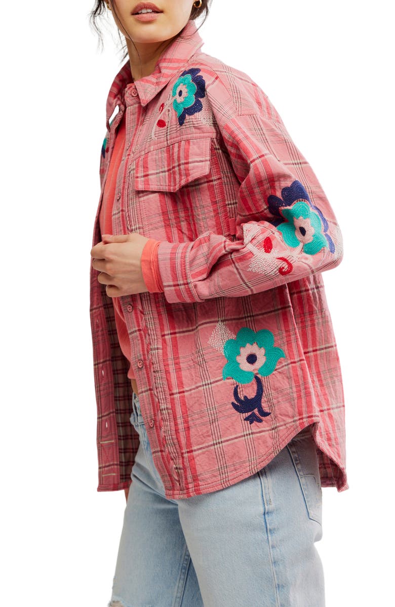 Free People Sashiko Embroidered Button-Up Shirt, Alternate, color, Pink Combo