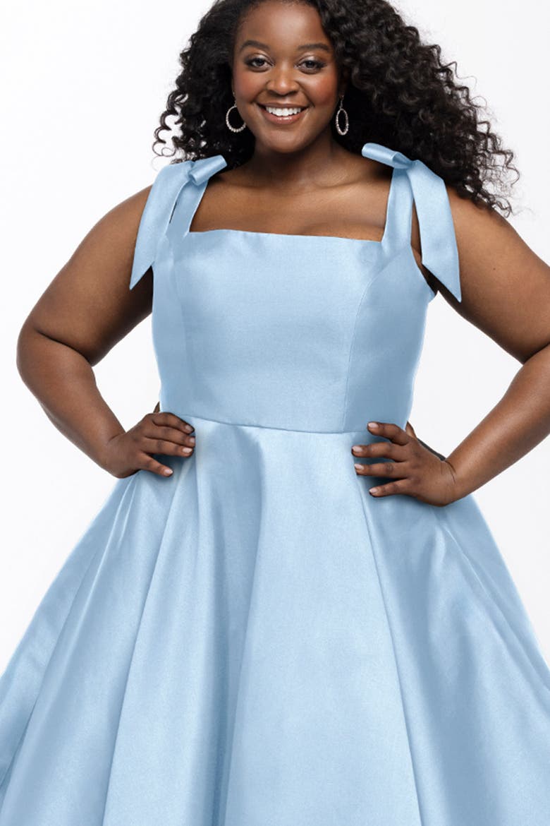 Satin Plus Size A-Line Formal Gown with Bows, Alternate, color, Light Blue