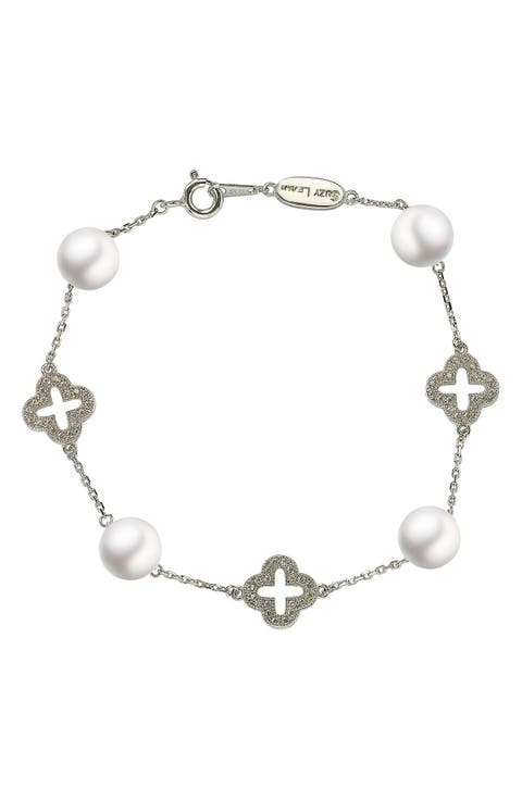Sterling Silver With Elegance & Subtlety CZ & 8mm White Cultured Freshwater Pearl Bracelet