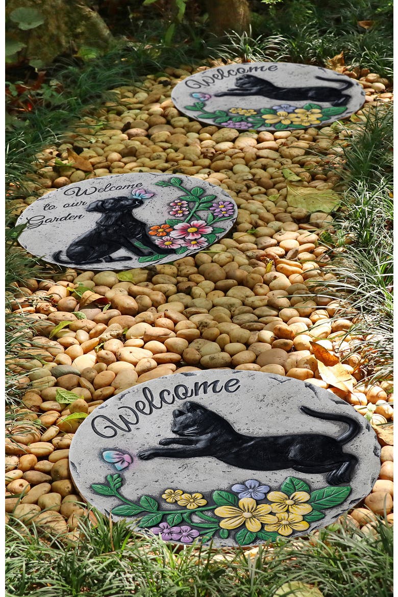 Set of 2 Cement Cat and Dog Textured Stepping Stones, Alternate, color, Black
