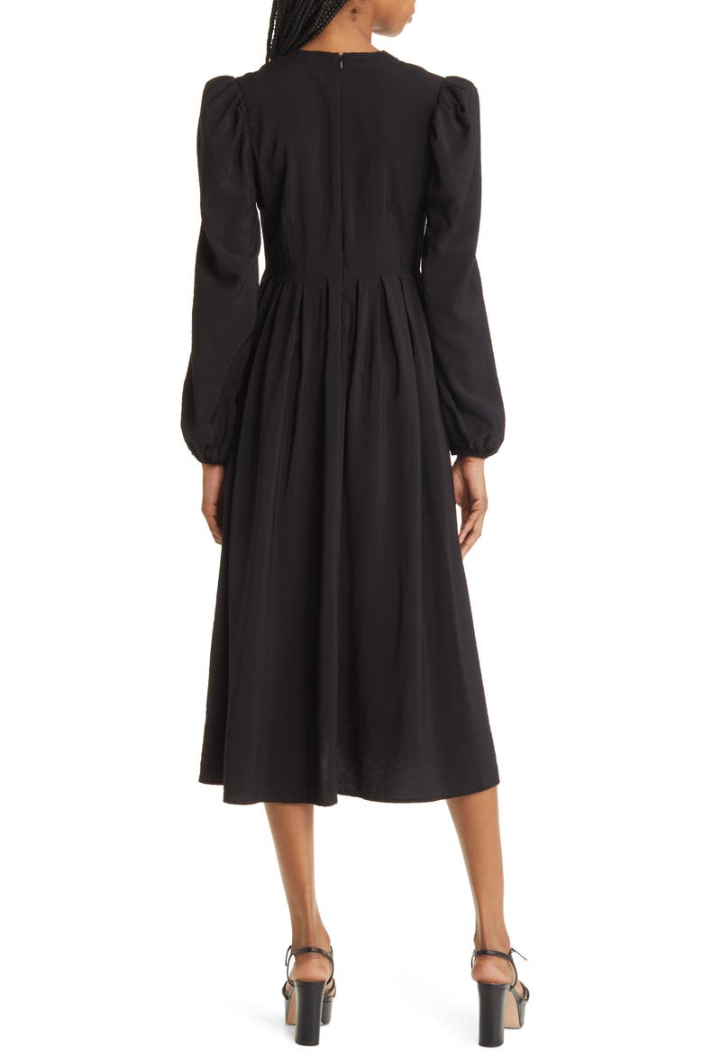 Pleated Puff Shoulder Long Sleeve Midi Dress, Alternate, color, BLACK