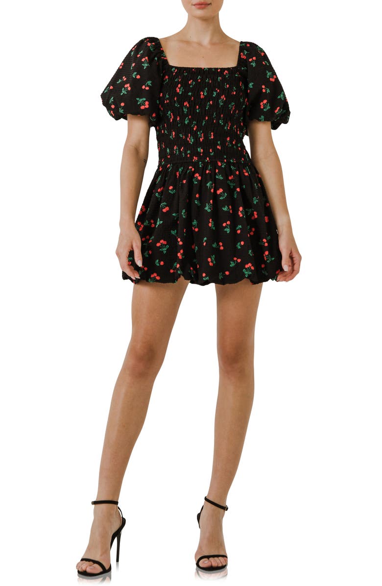 English Factory Cherry Print Smocked Minidress, Main, color, 