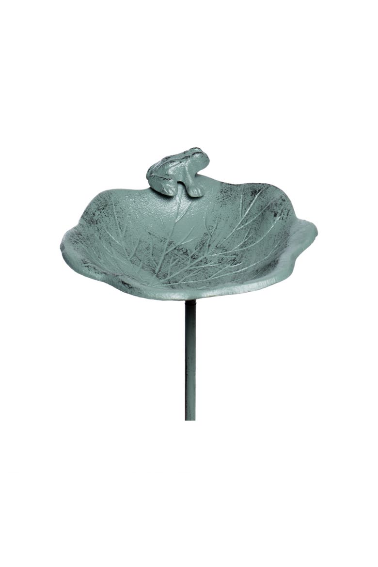 Iron Frog on Lily Pad Birdfeeder Metallic for Spring Garden Decor, Alternate, color, Green
