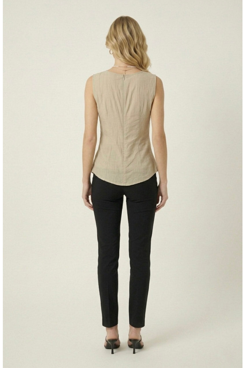 Ruched V Neck Top with Sleeveless Cut and Pointed Hem, Alternate, color, Beige