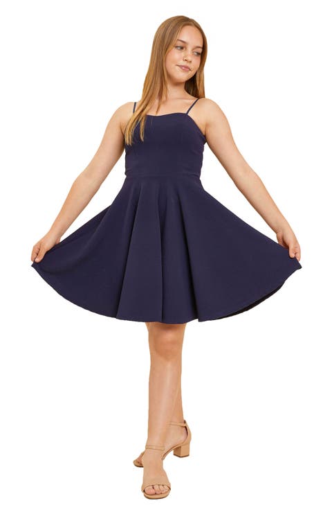 Print Textured Fit and Flare Stretch Dress in Longer Length