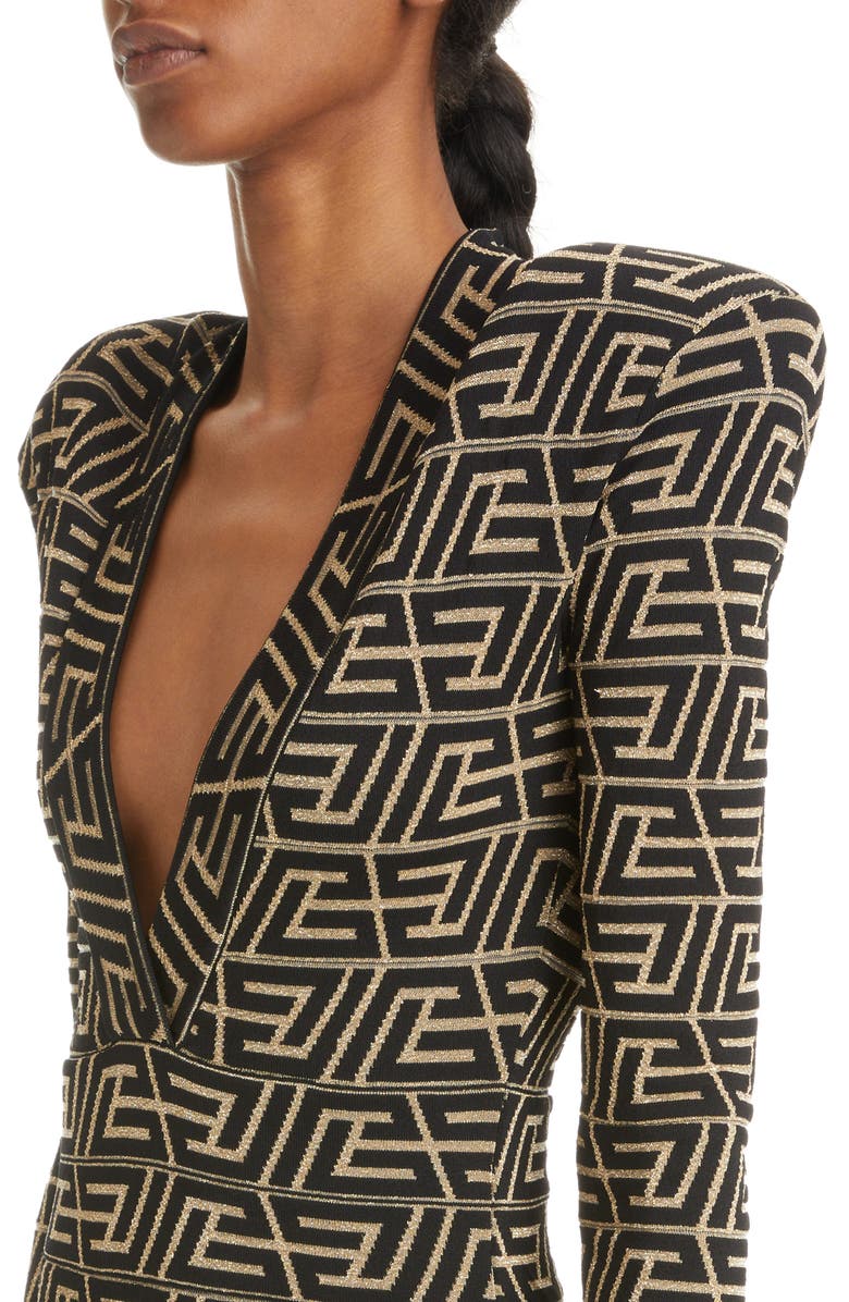 Balmain Pyramid Metallic Monogram Jacquard Body-Con Minidress, Alternate, color, 