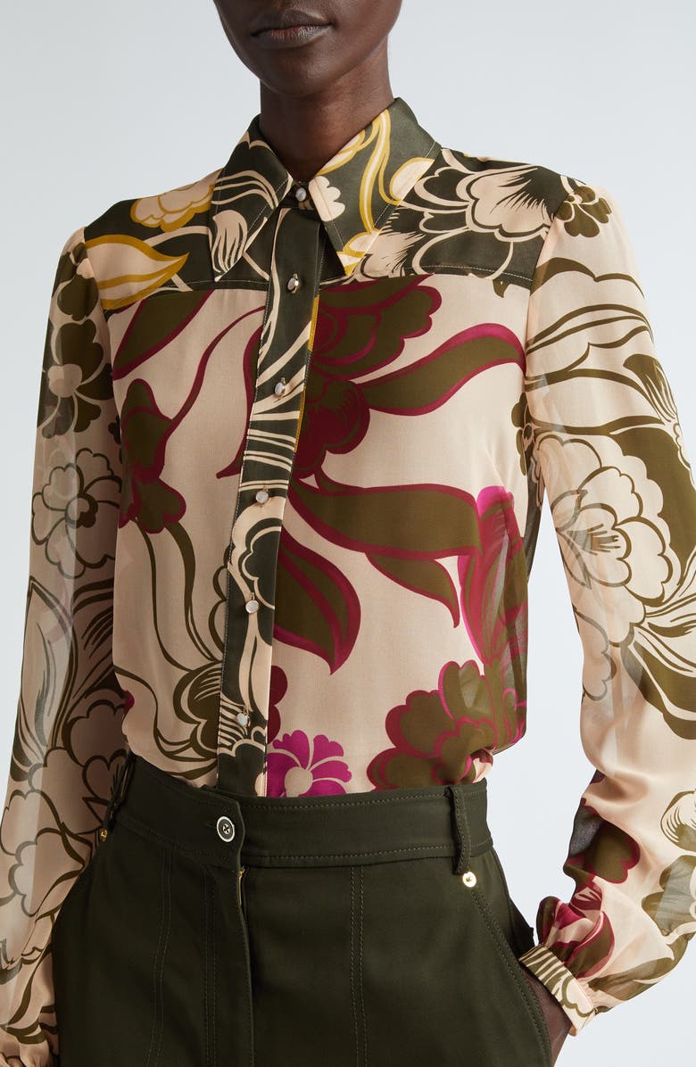 ST. JOHN Mixed Floral Print Georgette Button-Up Shirt, Alternate, color, 
