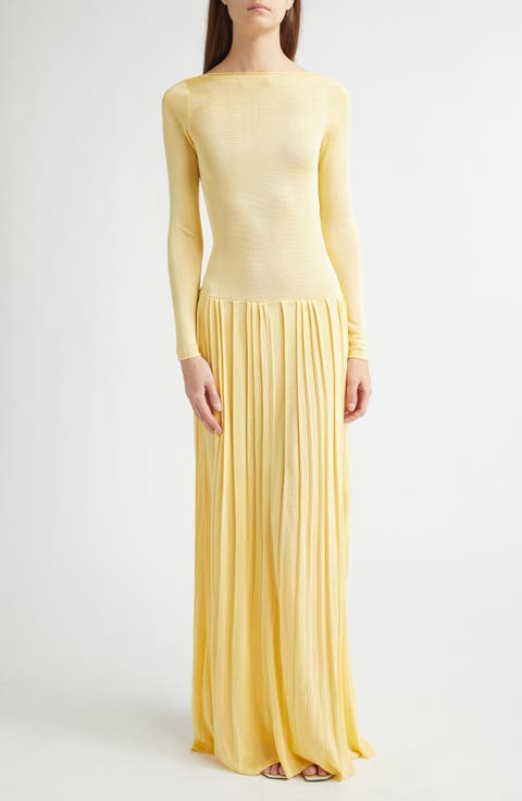 Kingsley Pleated Long Sleeve Drop Waist Column Dress