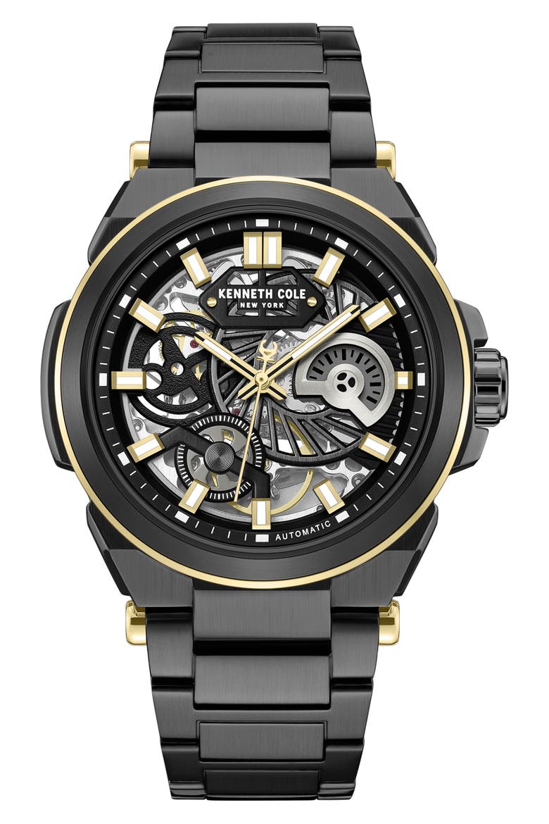 Skeleton Black Automatic Bracelet Watch, 42mm, Main, color, BLACK