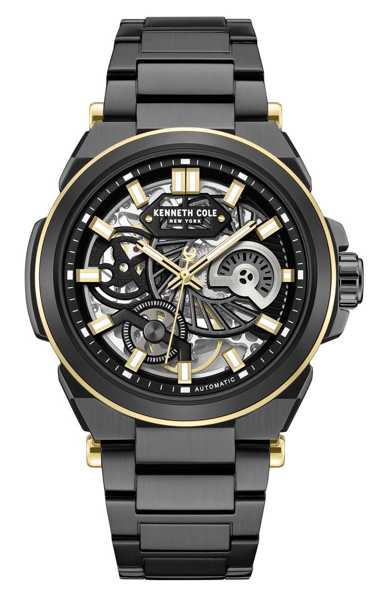 Kenneth Cole New York Skeleton Black Automatic Bracelet Watch, 42mm, Main, color, Black