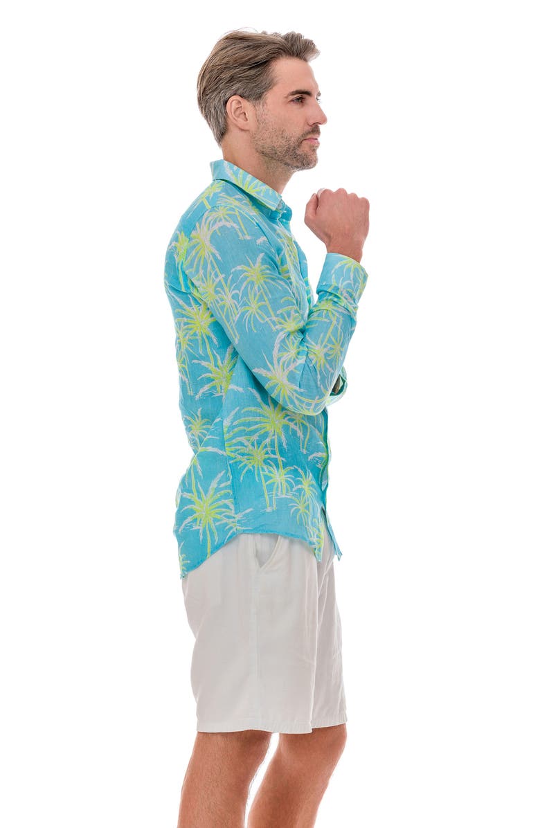 RANEES Palm Linen Button-Up Shirt, Alternate, color, Blue