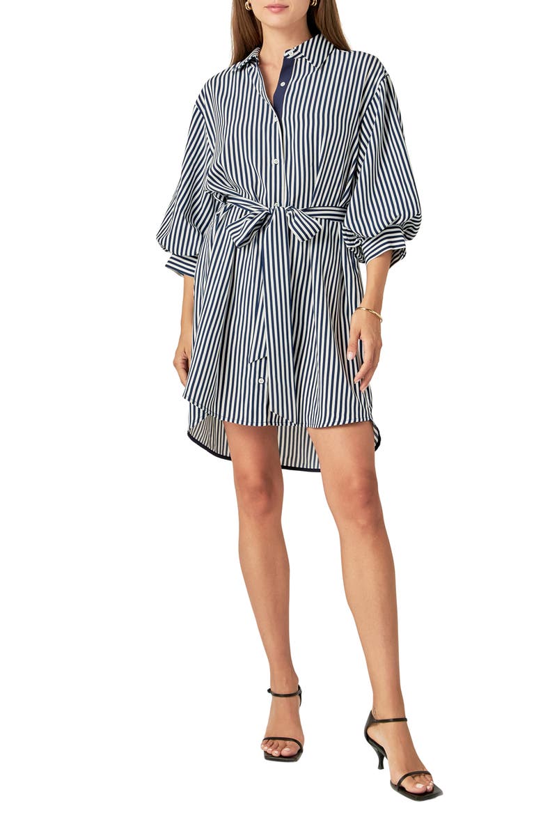Stripe Belted Shirtdress, Main, color, WHITE/ NAVY