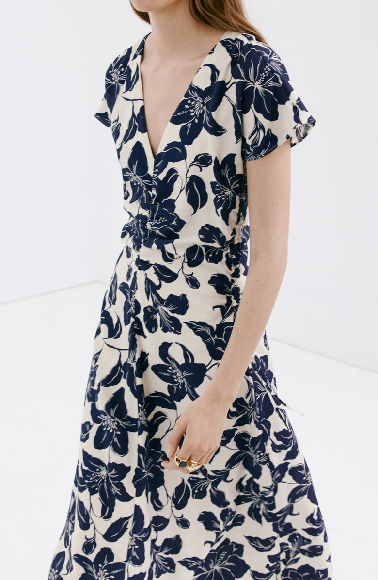 MANGO Print Side Ruched Maxi Dress, Alternate, color, Ecru