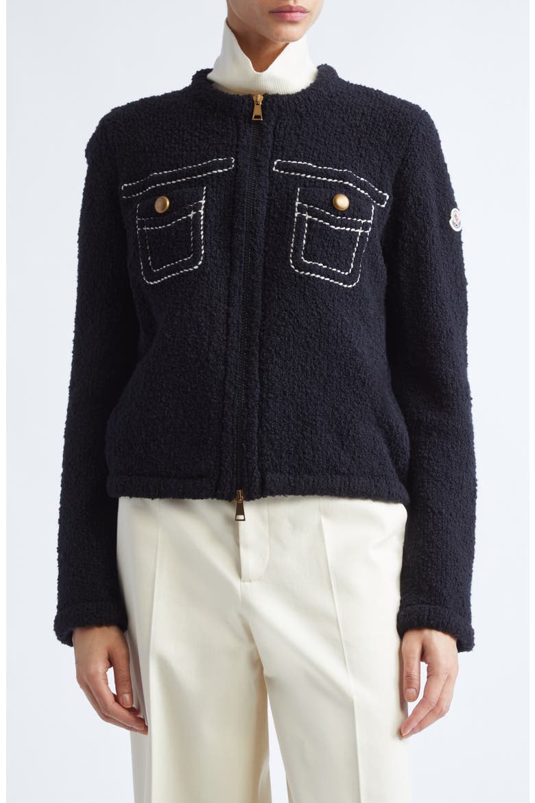 Trompe l'Oeil Bouclé Knit & Down Cardigan, Main, color, NAVY BLUE
