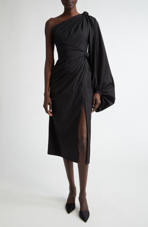 Shop Carolina Herrera One-shoulder Balloon Sleeve Stretch Cotton Midi Dress In Black