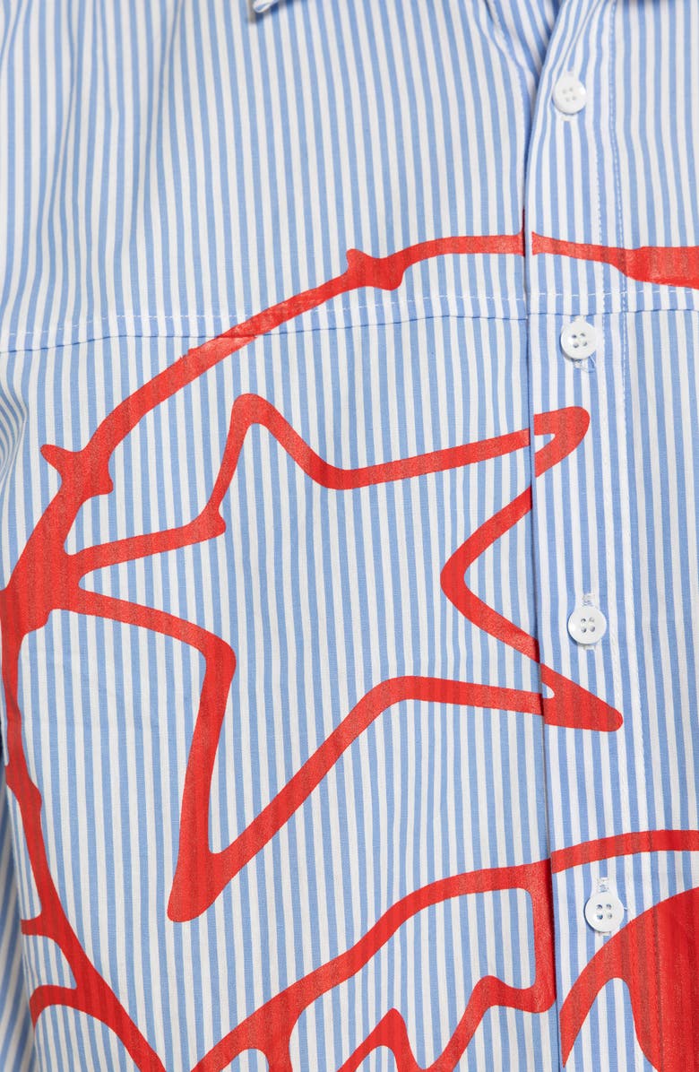 JADED LONDON Poster Stripe Short Sleeve Graphic Button-Up Shirt, Alternate, color, Blue