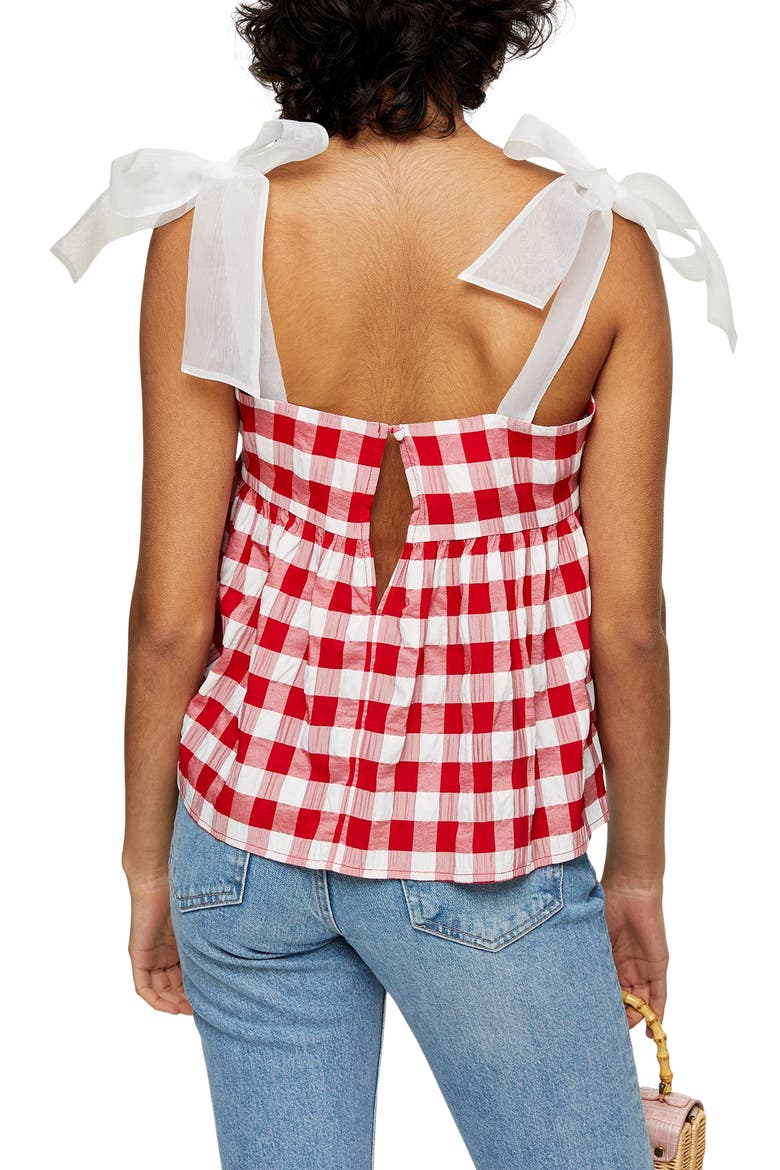 Gingham Tie Shoulder Tank Top, Alternate, color, RED MULTI