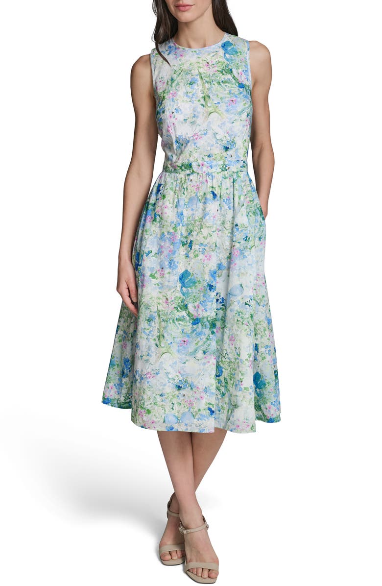 KARL LAGERFELD PARIS Print Tie Back Midi Dress, Main, color, Sky Blue Multi
