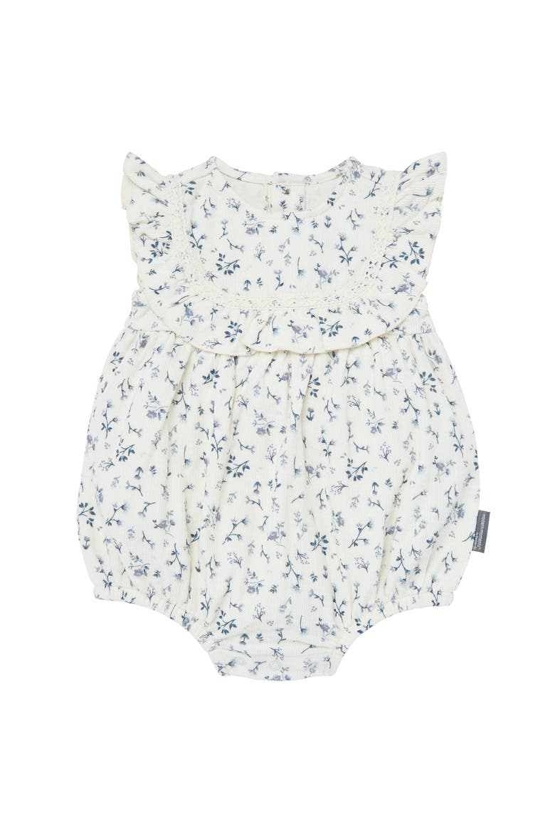 Ruffle Bubble Romper, Main, color, Ivory Blue Ditsy