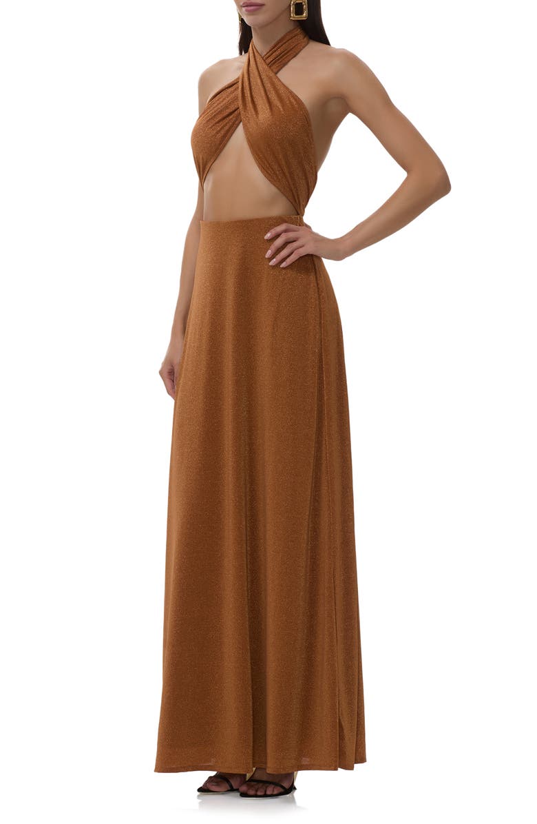 AFRM Kendrick Metallic Cutout Halter Jersey Gown, Alternate, color, Bronze