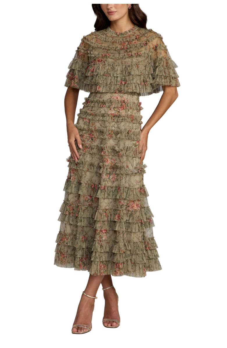 Mac Duggal Floral Mesh Ruffle Midi Dress, Main, color, Olive