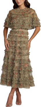 Mac Duggal Floral Mesh Ruffle Midi Dress