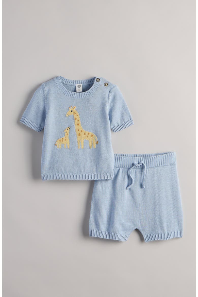 Motif Short Sleeve Cotton Blend Sweater & Shorts Set, Main, color, BLUE SKYWAY GIRAFFE